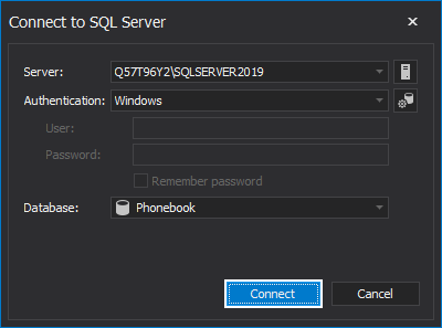 The Connect to SQL Server window