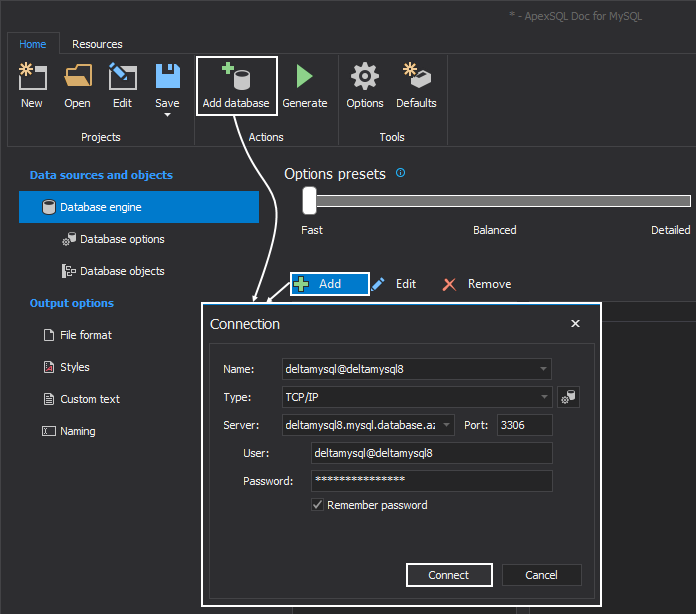 The connection window in the MySQL database documentation tool 