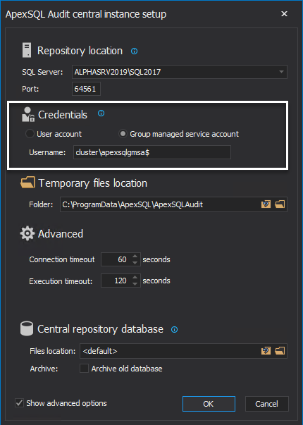 ApexSQL Audit central instance configuration dialog