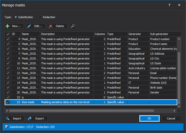 Newly created substitution mask in the Manage masks window that will be used for mask SQL server data