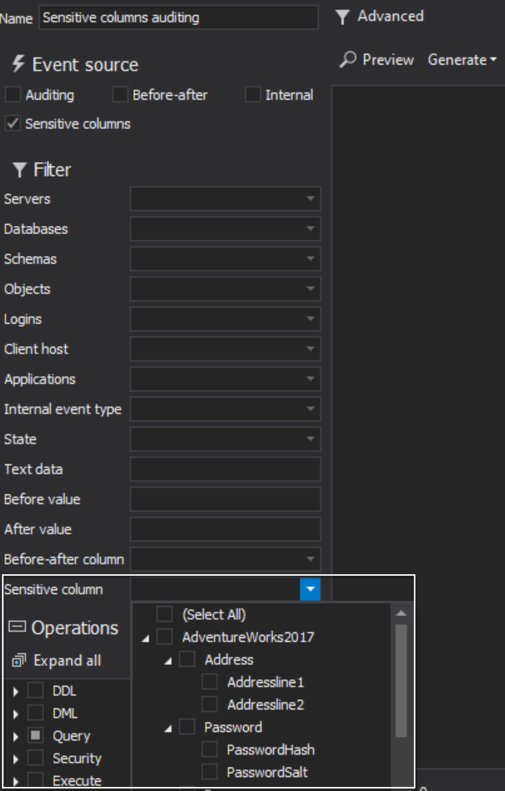 Sesitive-column reporting filter