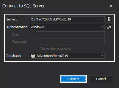 The Connect to SQL Server dialog