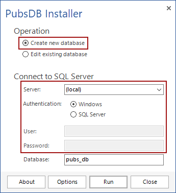 The executable installer that will create a SQL database - main options