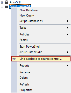 The Link database to source control context menu option