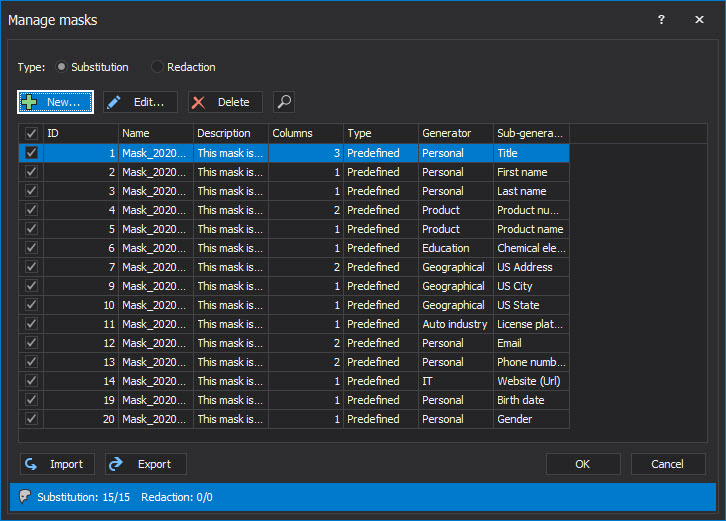 The Manage mask window with all created mask which will be used to mask SQL Server data