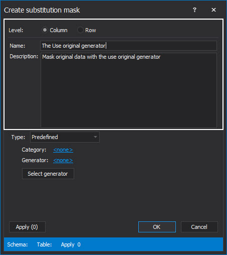 The Name and Description field in the create substitution mask window