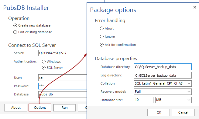 The Package options window of the executable installer