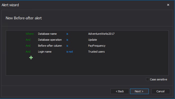 Alert rule definition. SQL Alert filter configuration.