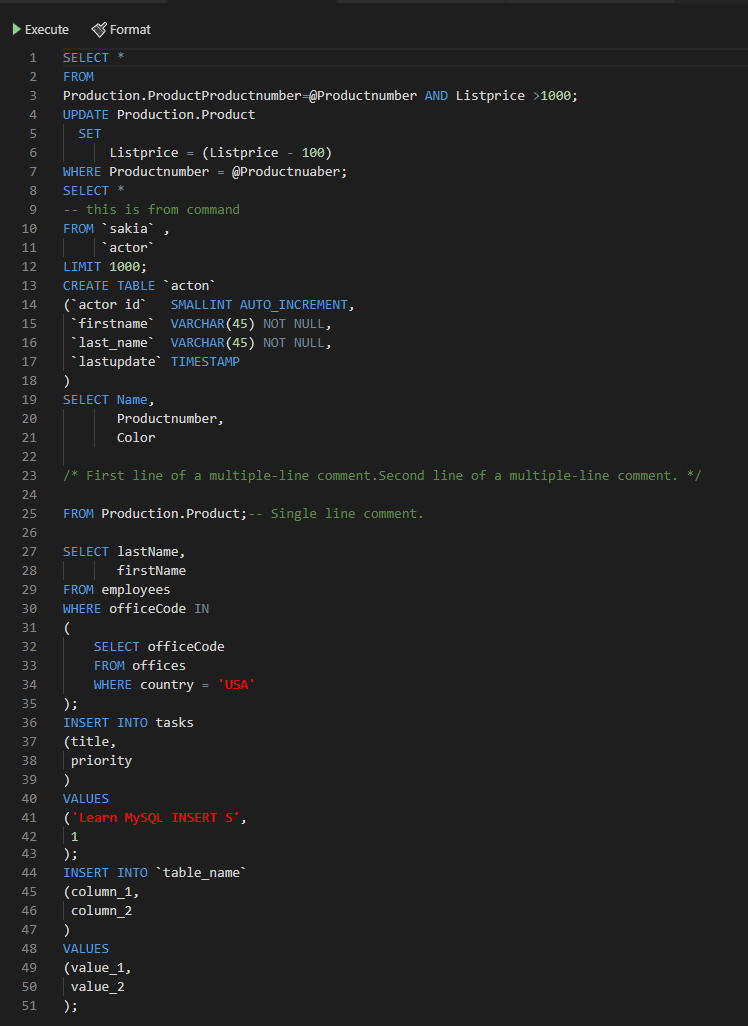 MySQL script formatted using built-in ApexSQL profile