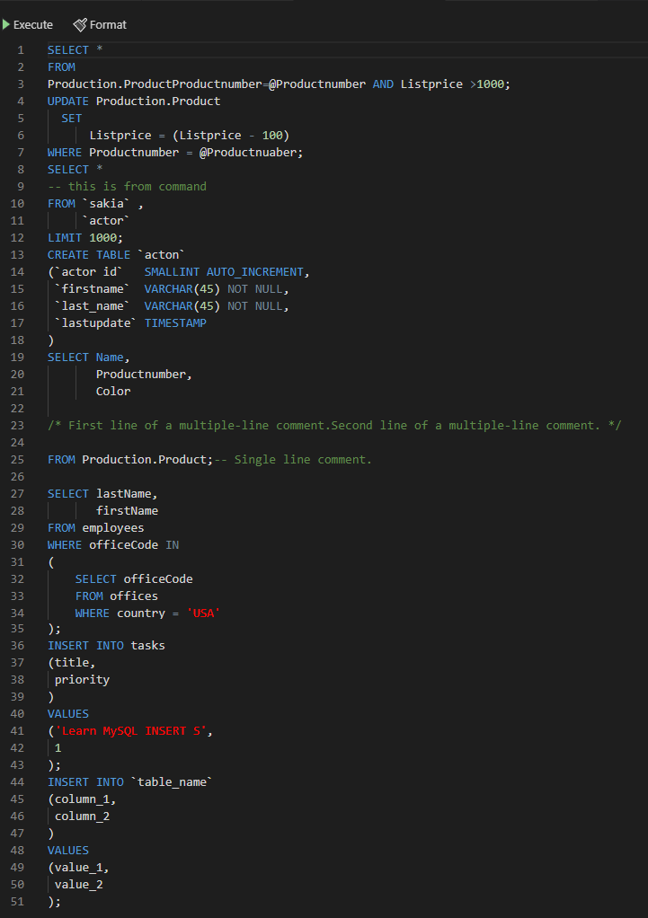 MySQL script formatted using built-in Copmact profile