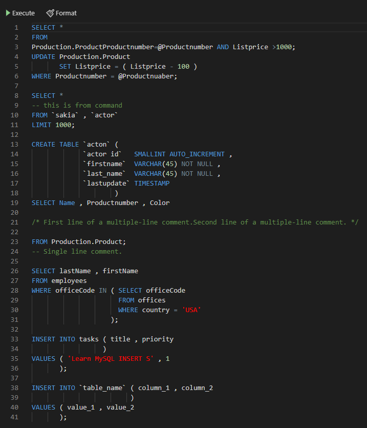 MySQL script formatted using built-in Extended profile