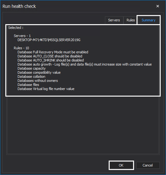 SQL instance health check configuration summary 