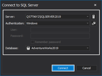 The Connect to SQL Server, where will be selected the database for mask SQL Server data