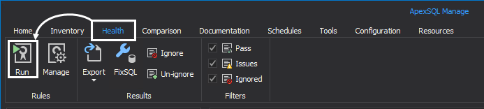 Health tab in ApexSQL Manage 