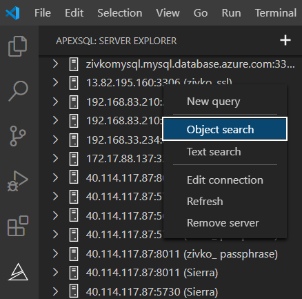 Object search command from server level context menu