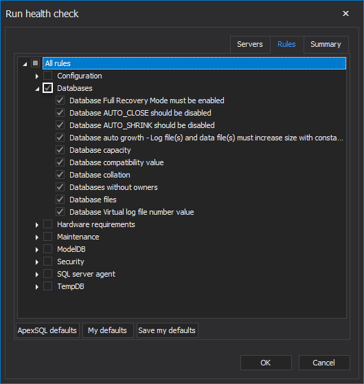 Rules tab in the Run health check window within ApexSQL Manage
