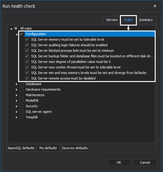 SQL Server configuration health check rules 