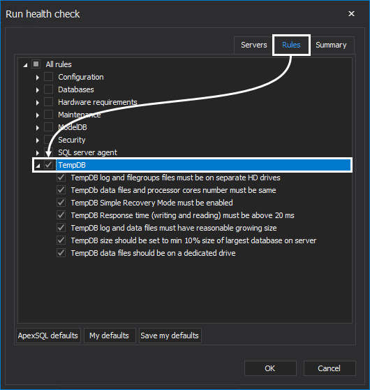 SQL Server TempDB health check rules 