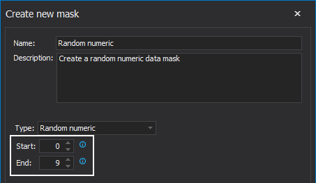 The Random numeric section in the Create new mask window