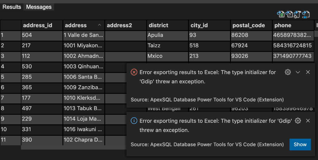 Error exporting results to Excel: The type initializer for 'Gdip' threw an exception