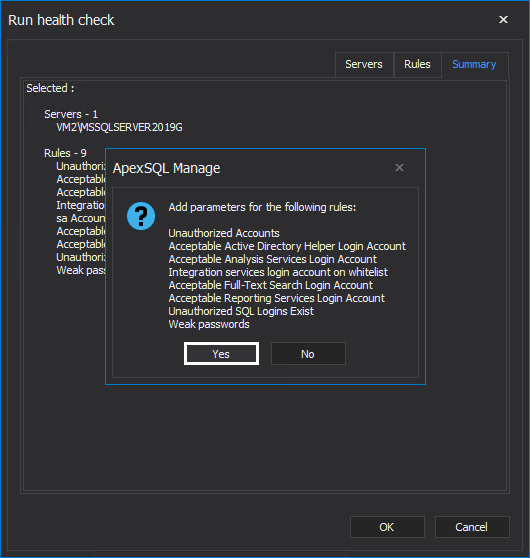 Message stating to specify parameters for selected health check rules 