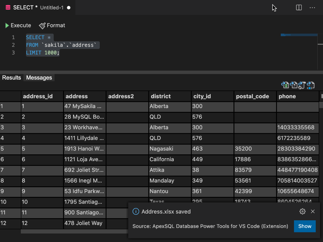 Notification about successfully exported and saved data from the result set from VS Code extension