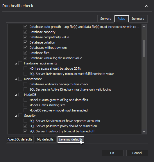 Rules tab of the Run health check window in ApexSQL Manage