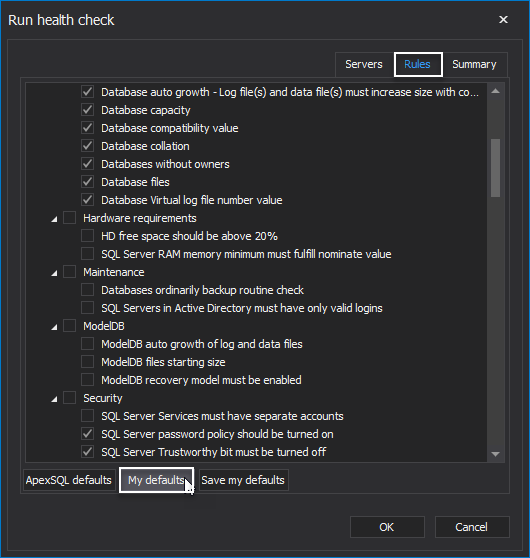Rules tab of the Run health check window in ApexSQL Manage