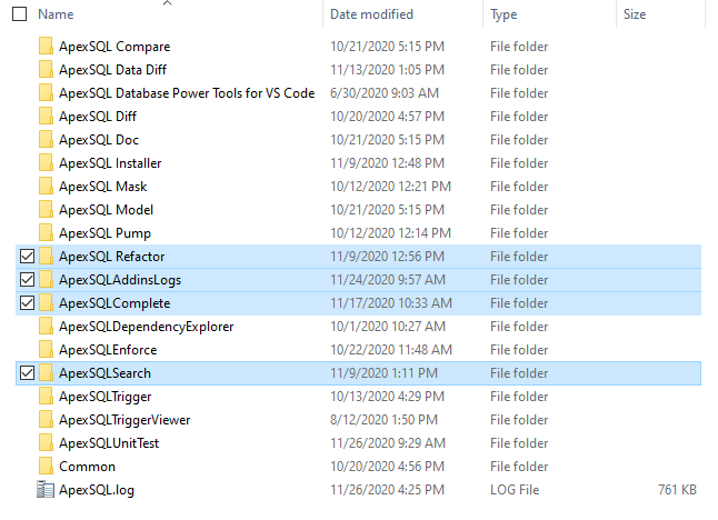ApexSQL add-in folders from AppData folder
