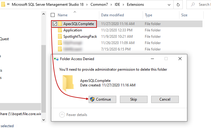 Deleting ApexSQL add-in leftovers from the Extensions folder