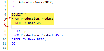 Highlighted SELECT statement in the query editor with the cursor position below it