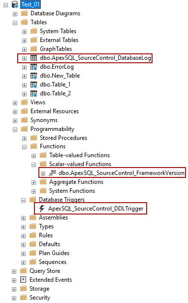 Azure SQL Database framework objects for the dedicated database after the upgrade in ApexSQL Source Control 2021