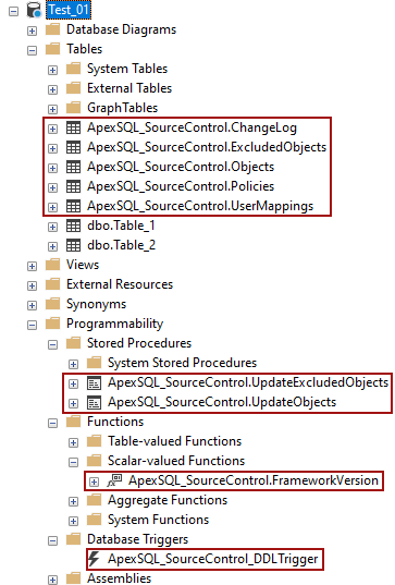 Azure SQL Database or Amazon RDS for SQL Server framework objects for the shared database after the upgrade in Apex SQL Source Control 2021