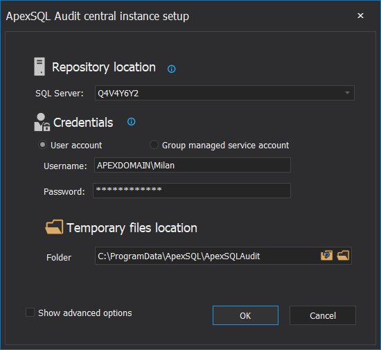 Central SQL audit repository configuration