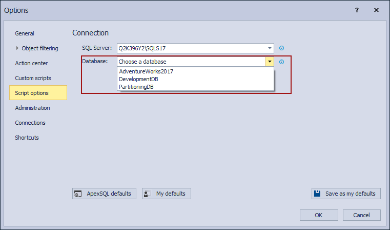 Choosing linked database to set the SQL compare and synchronization options