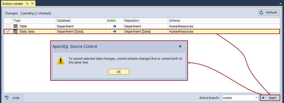 Committing data change without schema change message