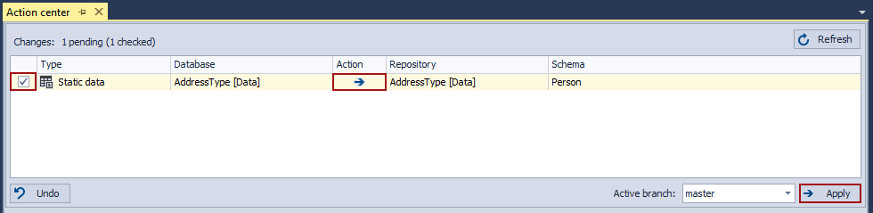 Data conflict resolution options in the Action center tab - Keep local