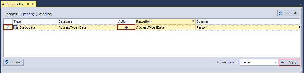 Data conflict resolution options in the Action center tab - Take from repository