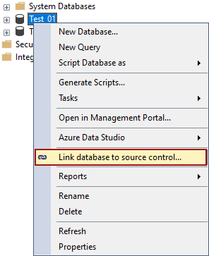 Database source control command in the Object Explorer panel
