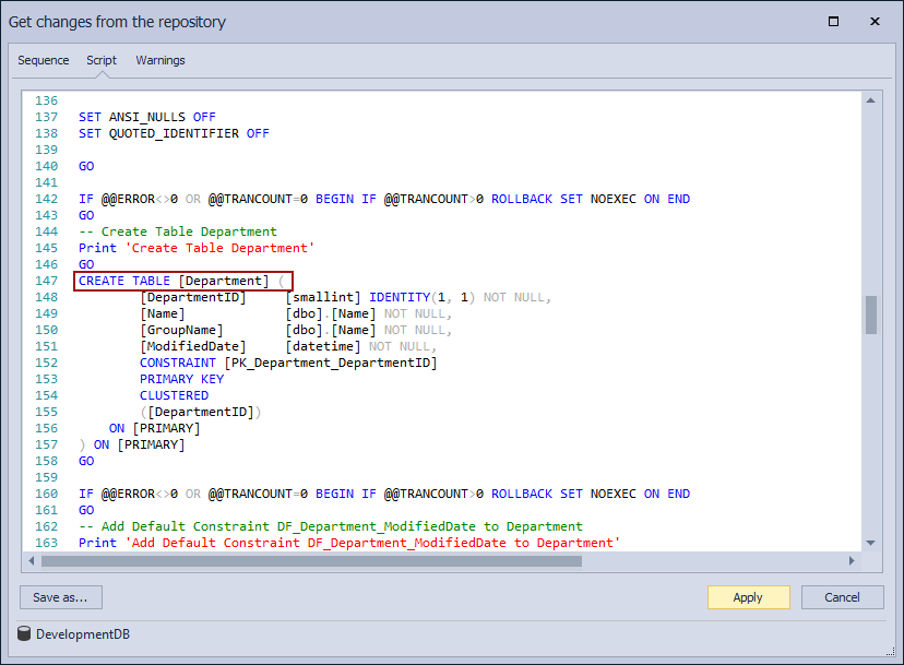 SQL compare and synchronization options in the Get changes from the repository window