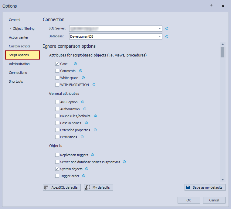 SQL compare and synchronization options in the Options window