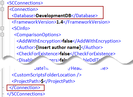 The Connection section in the Options.xml file for linked database