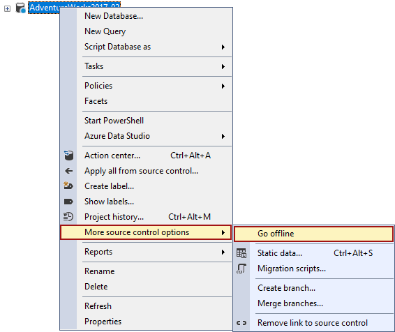 The Go offline command in the Object Explorer panel