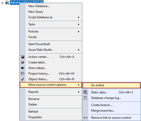 The Go online command in the Object Explorer panel