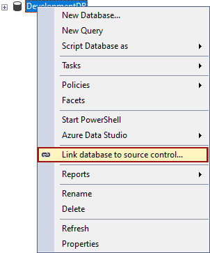 The Link database to source control context menu option
