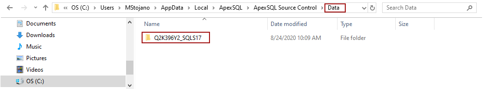 The SQL Server folder in the Working copy of repository 