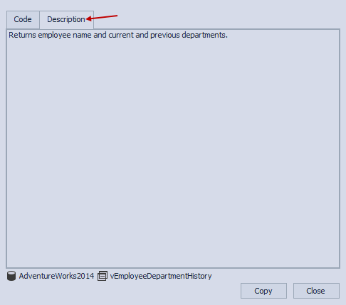 Description tab displaying the extended properties of an object in the query editor