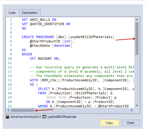 Highlighted vertical and horizontal scrollbars of the Object definition window