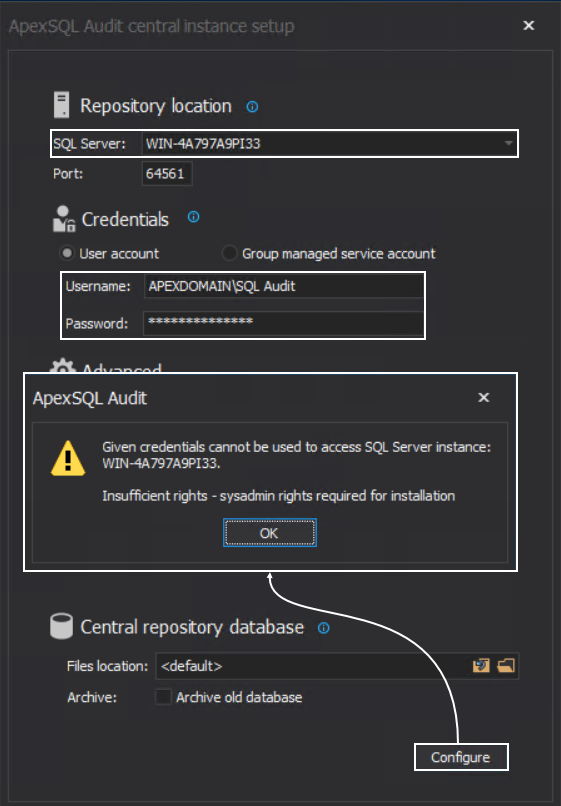 Installing the SQL auditing central repository