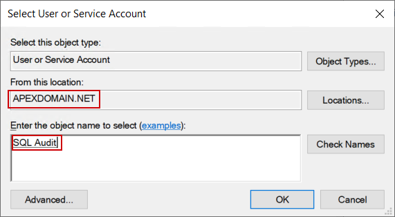 Searching account for SQL Server Log On